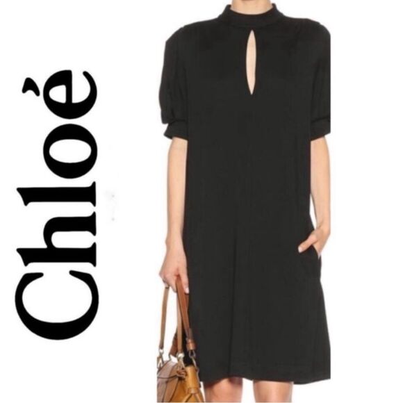 Chloe Black Midi Dress with Puff Sleeves and Mock Neck -8 - Picture 1 of 16